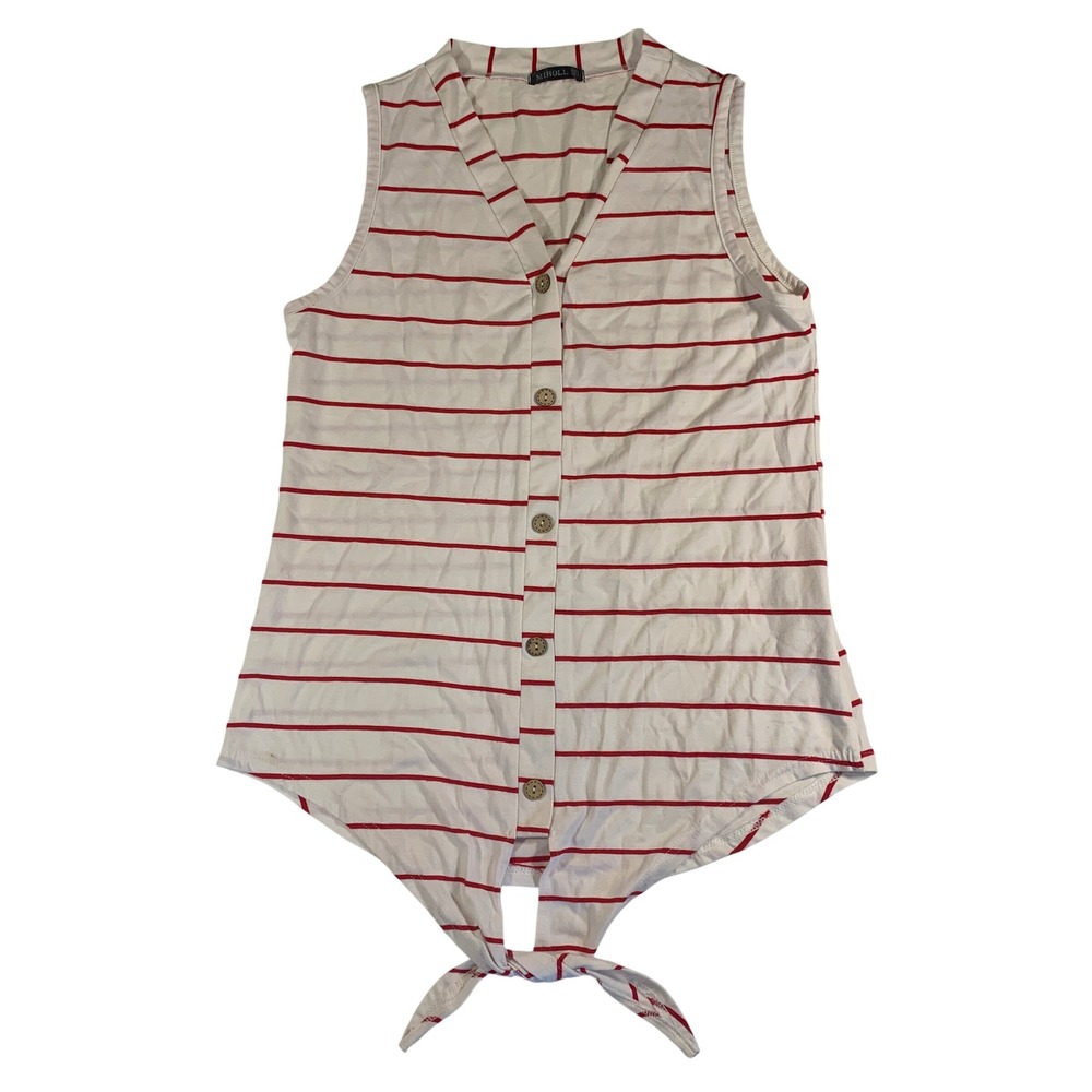 Miholl Striped Tank Top Button‎ Down Tie Front Sleeveless Casual Red White S